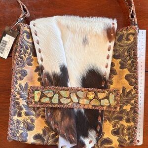 KurtMen Leather, Hair On Hide & Turquoise Messenger Shoulder Bag NWT